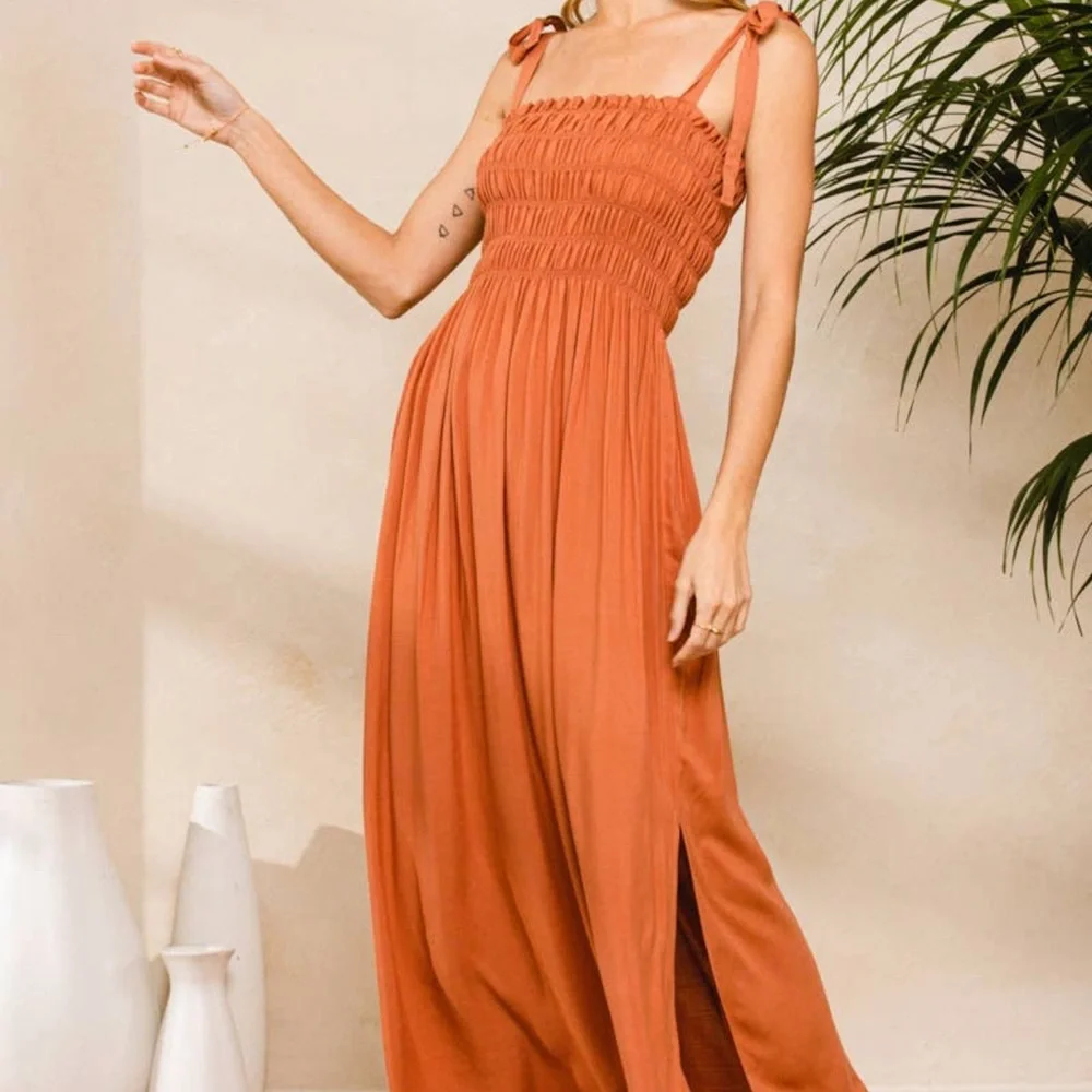 NWOT Rust Orange Tie Shoulder Smocked Bust Maxi Dress With Slit - Picture 1 of 6